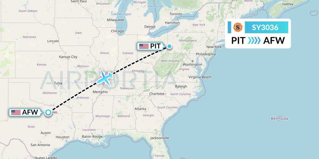 SY3036 Sun Country Airlines Flight Map: Pittsburgh to Fort Worth