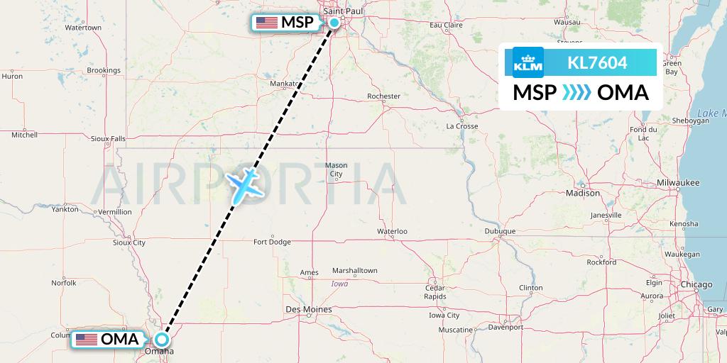 KL7604 KLM Flight Map: Minneapolis to Omaha