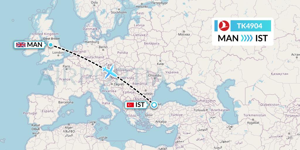 TK4904 Turkish Airlines Flight Map: Manchester to Istanbul