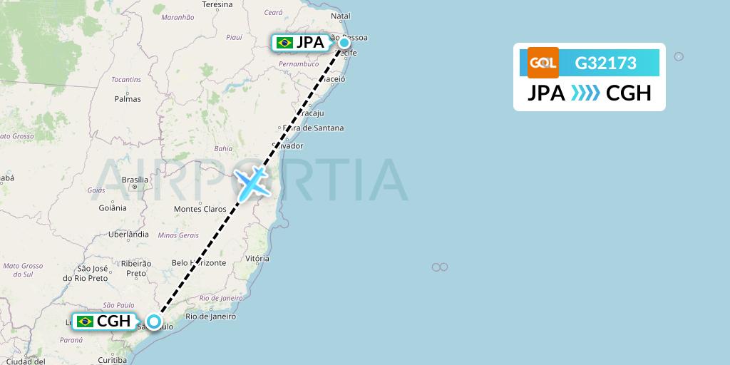 G32173 GOL Transportes Aeros Flight Map: Joao Pessoa to Sao Paulo