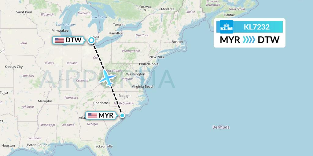 KL7232 KLM Flight Map: Myrtle Beach to Detroit