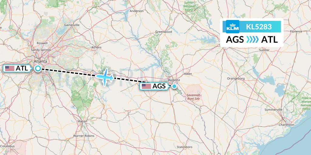 KL5283 KLM Flight Map: Augusta to Atlanta
