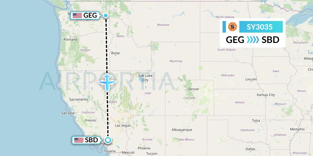 SY3035 Sun Country Airlines Flight Map: Spokane to San Bernardino