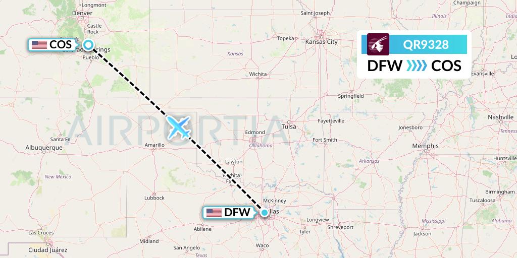 QR9328 Qatar Airways Flight Map: Dallas to Colorado Springs