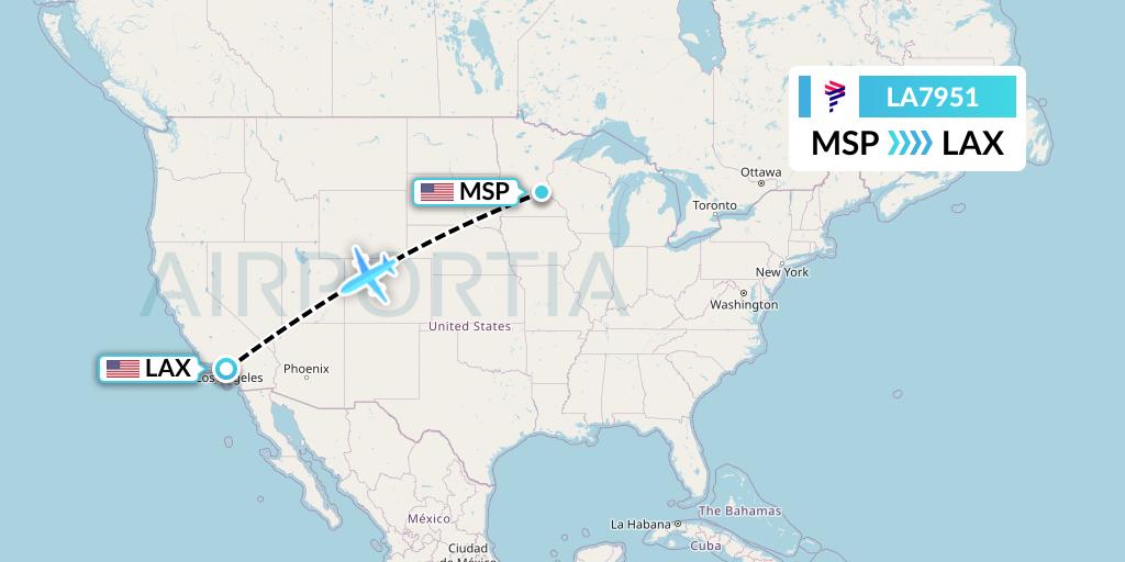 LA7951 LAN Airlines Flight Map: Minneapolis to Los Angeles