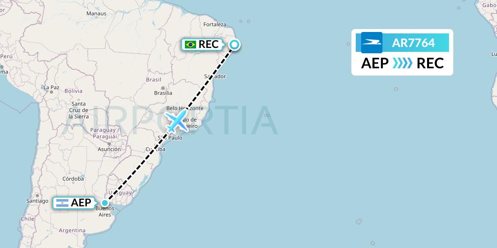 AR7764 Aerolineas Argentinas Flight Map: Buenos Aires to Recife