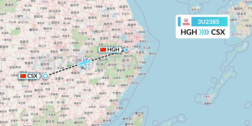3U2385 Sichuan Airlines Flight Map: Hangzhou to Changsha