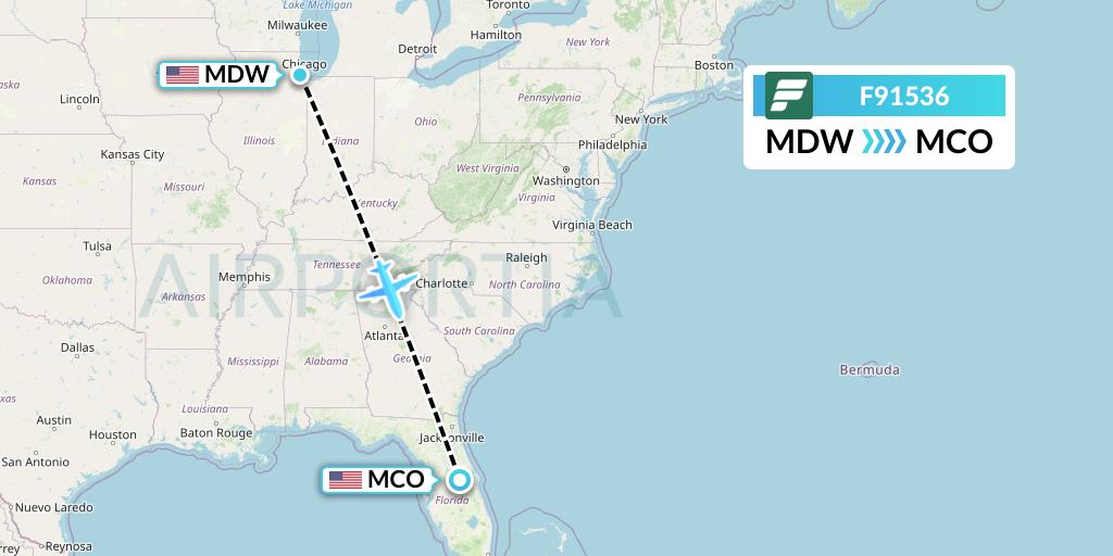 F91536 Frontier Airlines Flight Map: Chicago to Orlando