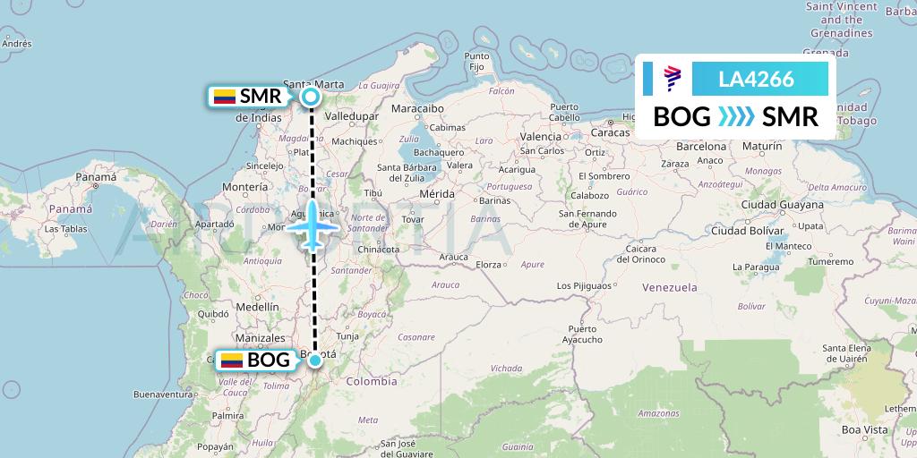 LA4266 LAN Airlines Flight Map: Bogota to Santa Marta