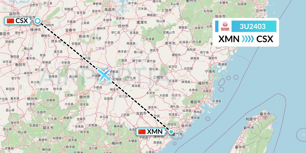 3U2403 Sichuan Airlines Flight Map: Xiamen to Changsha