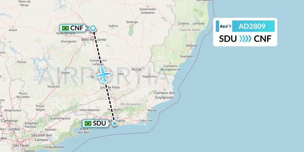 AD2809 Azul Brazilian Airlines Flight Map: Rio de Janeiro to Belo Horizonte