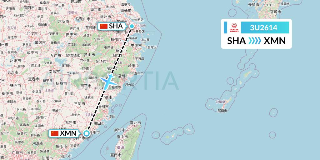 3U2614 Sichuan Airlines Flight Map: Shanghai to Xiamen