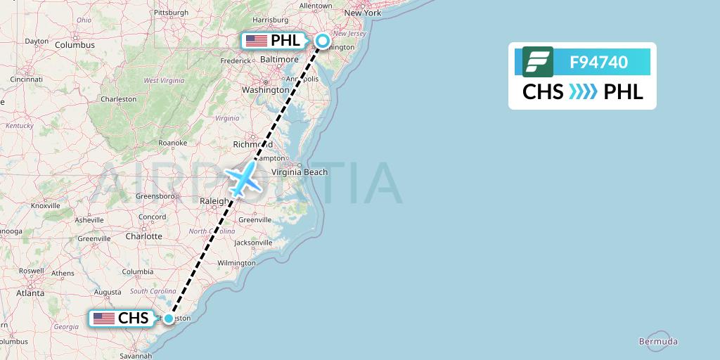 F94740 Frontier Airlines Flight Map: Charleston to Philadelphia