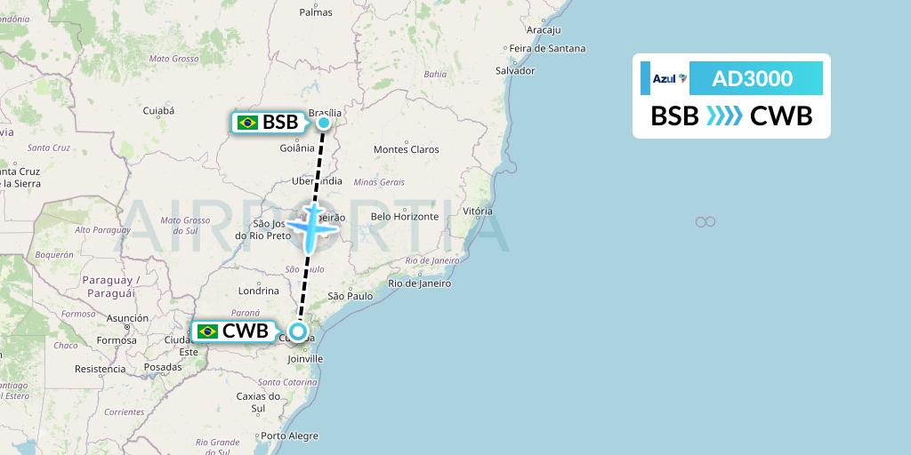 AD3000 Azul Brazilian Airlines Flight Map: Brasilia to Curitiba