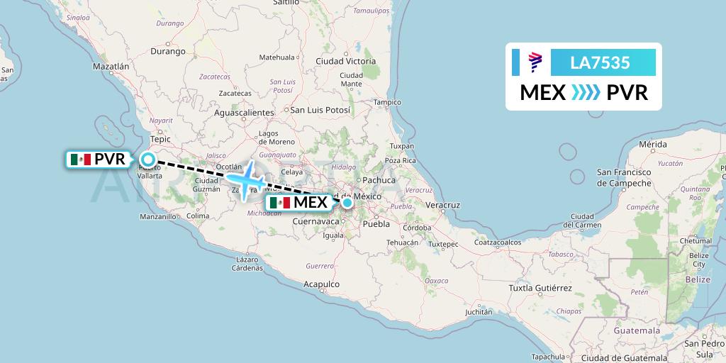 LA7535 LAN Airlines Flight Map: Mexico City to Puerto Vallarta