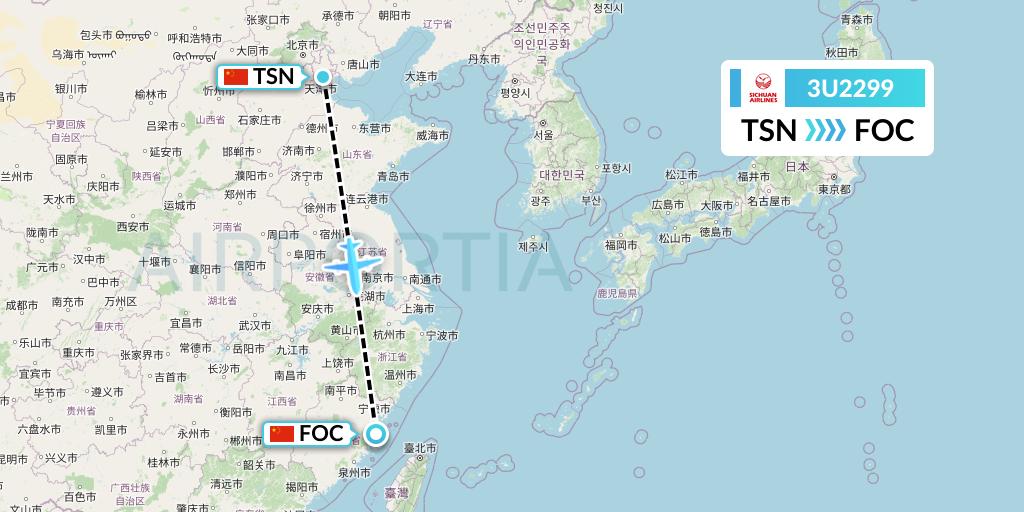 3U2299 Sichuan Airlines Flight Map: Tianjin to Fuzhou
