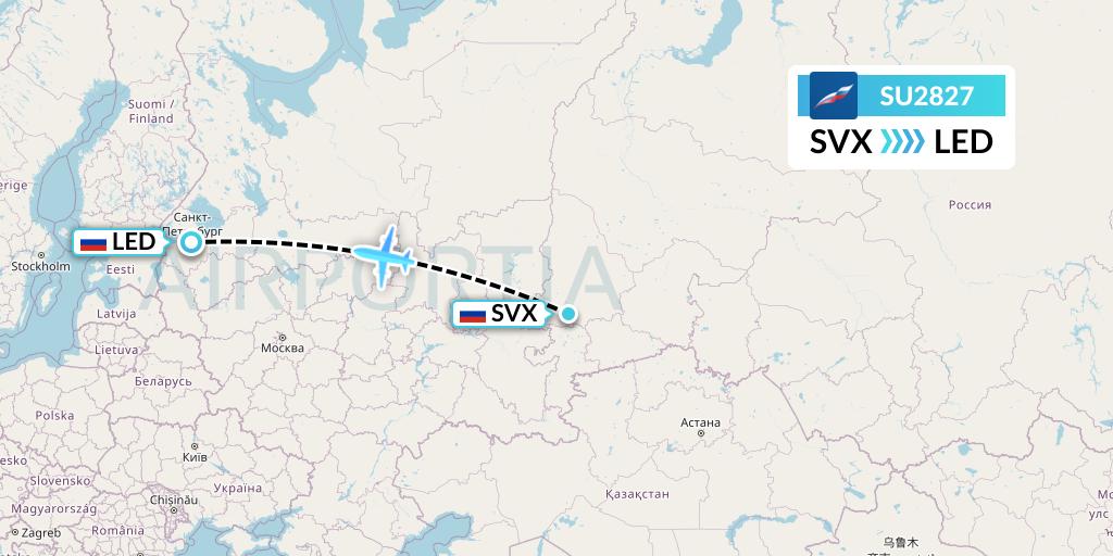SU2827 Aeroflot Flight Map: Yekaterinburg to St. Petersburg