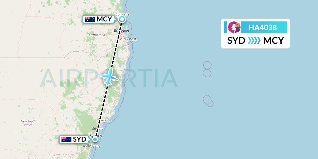 HA4038 Hawaiian Airlines Flight Map: Sydney to Sunshine Coast