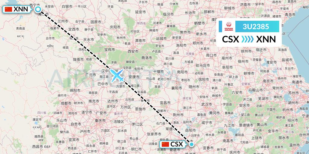 3U2385 Sichuan Airlines Flight Map: Changsha to Xining