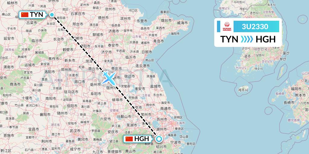 3U2330 Sichuan Airlines Flight Map: Taiyuan to Hangzhou