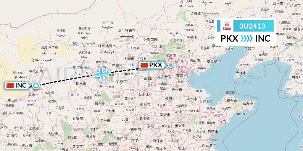 3U2413 Sichuan Airlines Flight Map: Beijing to Yinchuan