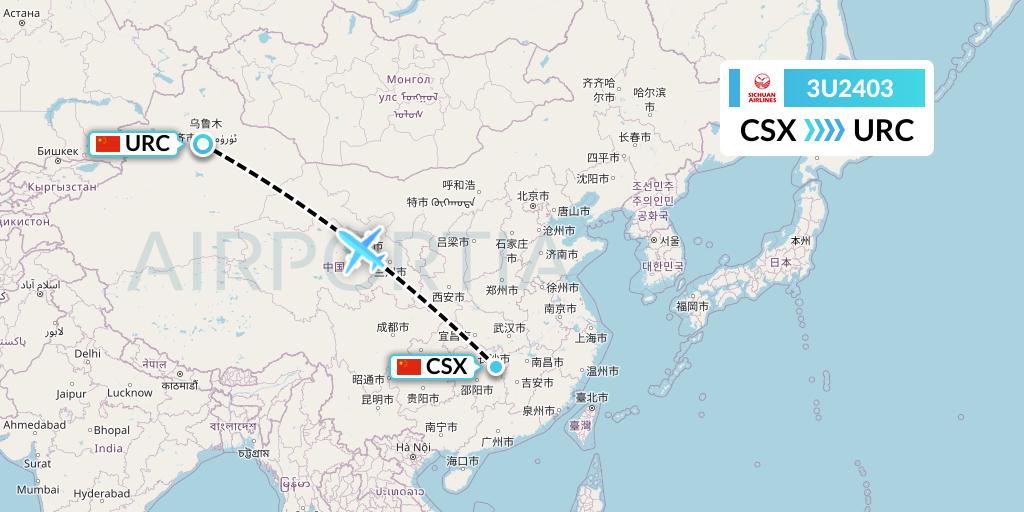 3U2403 Sichuan Airlines Flight Map: Changsha to Urumqi