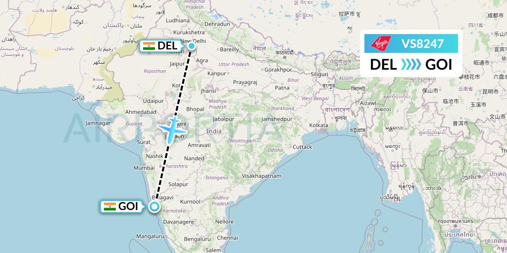 VS8247 Virgin Atlantic Airways Flight Map: Delhi to Goa