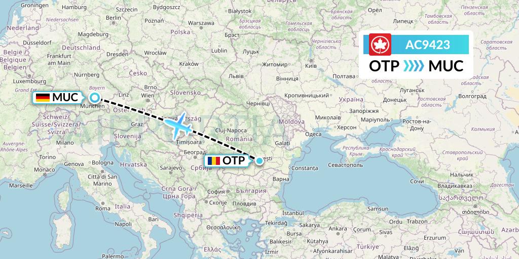 AC9423 Air Canada Flight Map: Bucharest to Munich