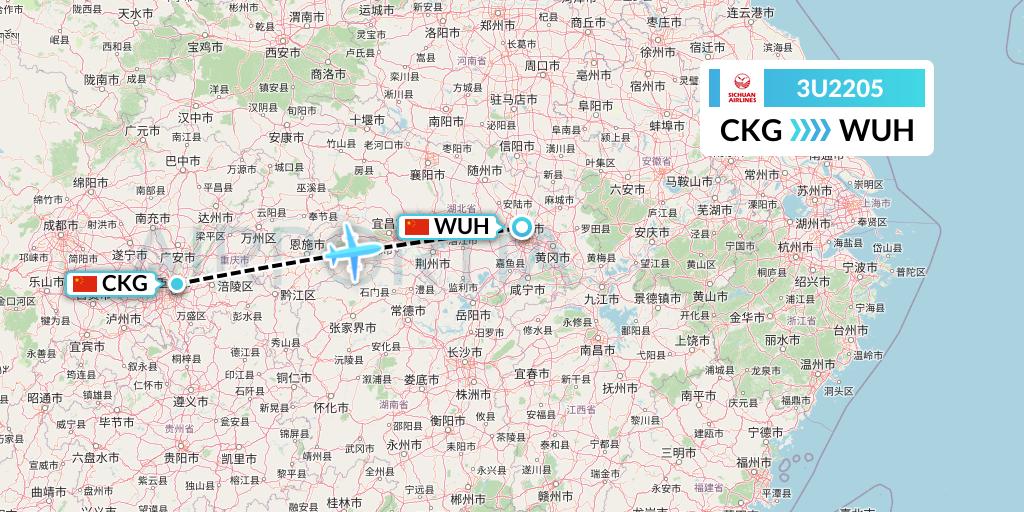 3U2205 Sichuan Airlines Flight Map: Chongqing to Wuhan