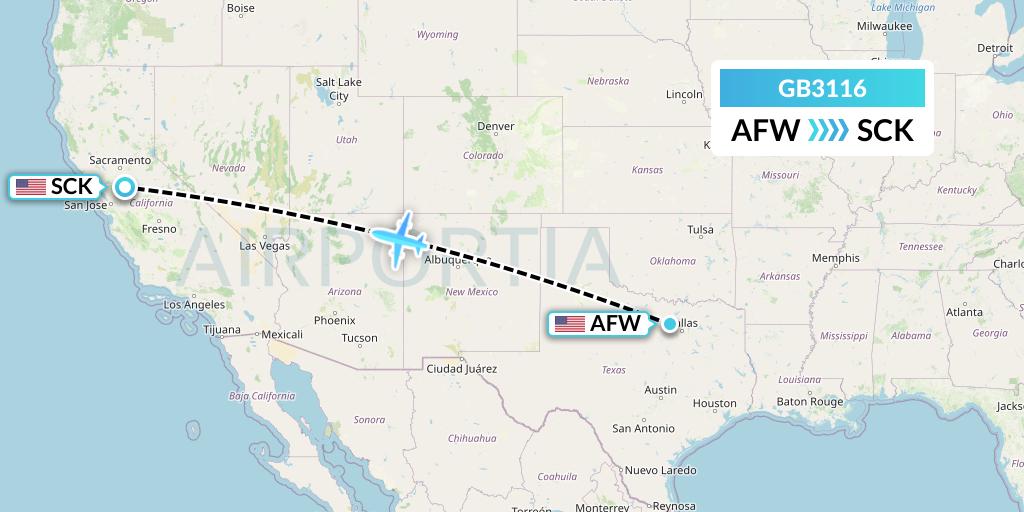 GB3116 ABX Air Flight Map: Fort Worth to Stockton