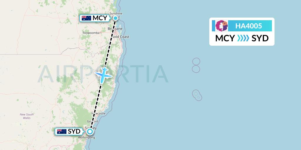 HA4005 Hawaiian Airlines Flight Map: Sunshine Coast to Sydney
