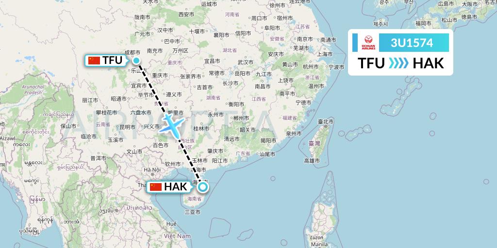 3U1574 Sichuan Airlines Flight Map: Chengdu to Haikou