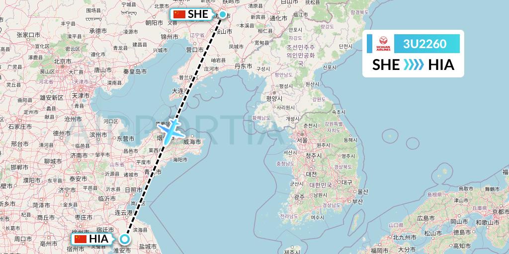 3U2260 Sichuan Airlines Flight Map: Shenyang to Huai'an