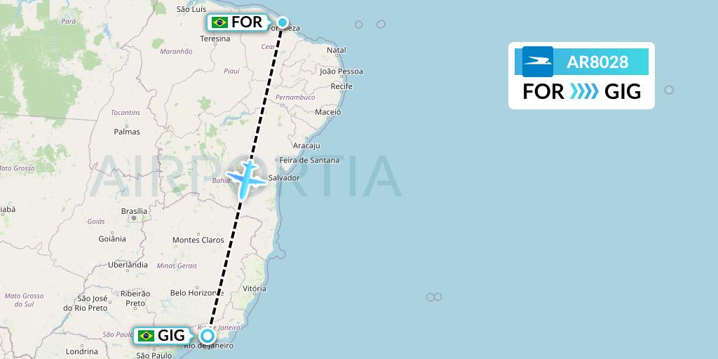 AR8028 Aerolineas Argentinas Flight Map: Fortaleza to Rio de Janeiro