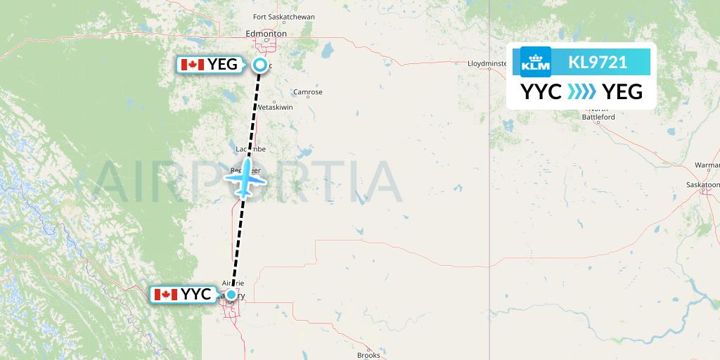 KL9721 KLM Flight Map: Calgary to Edmonton