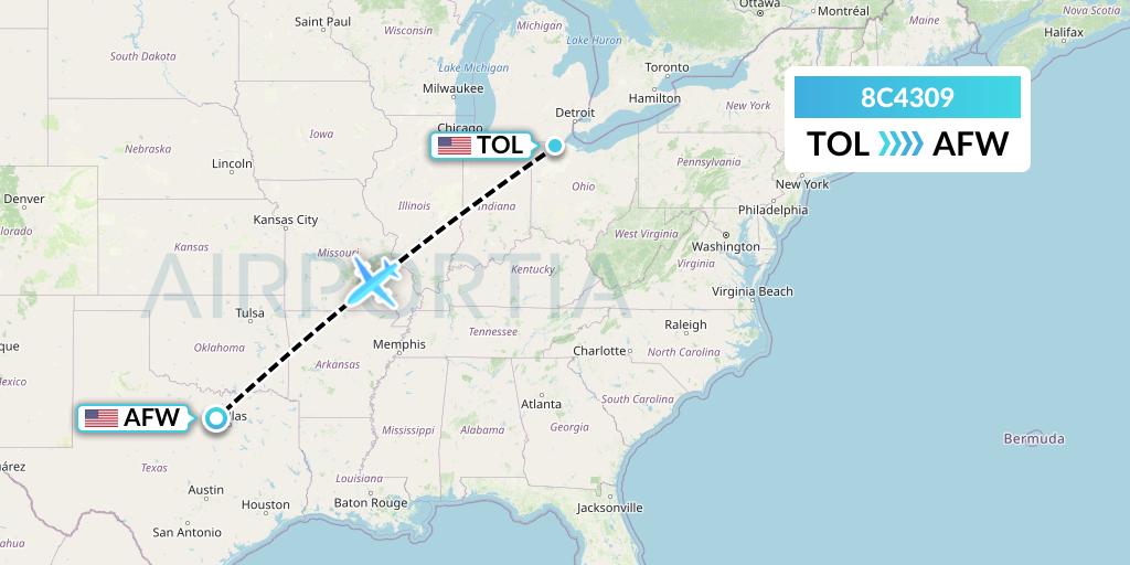 8C4309 Air Transport International Flight Map: Toledo to Fort Worth