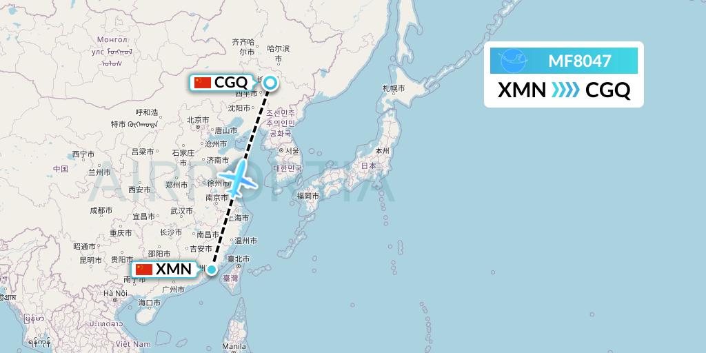 MF8047 Xiamen Airlines Flight Map: Xiamen to Changchun