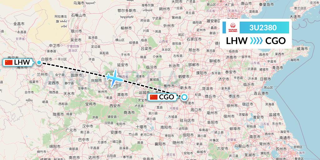 3U2380 Sichuan Airlines Flight Map: Lanzhou to Zhengzhou