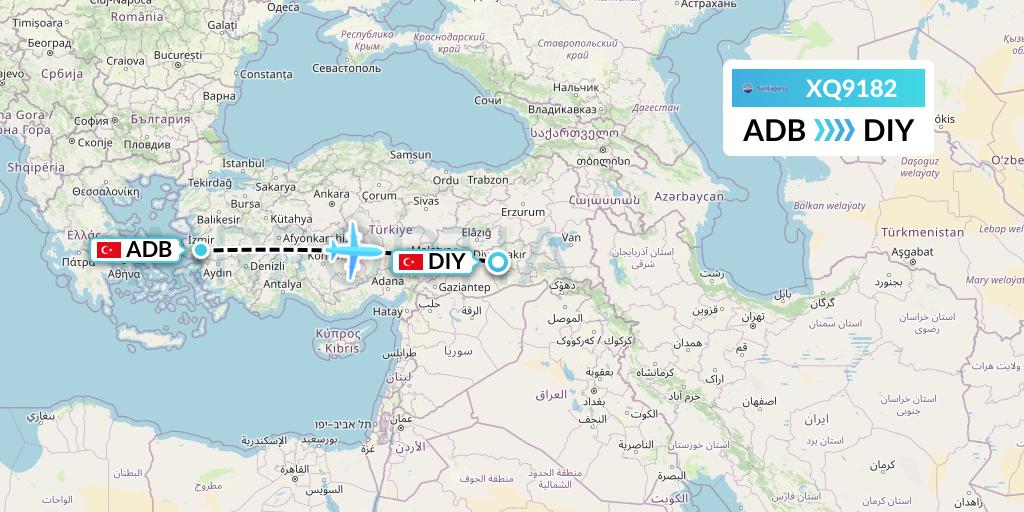 XQ9182 SunExpress Flight Map: Izmir to Diyarbakir