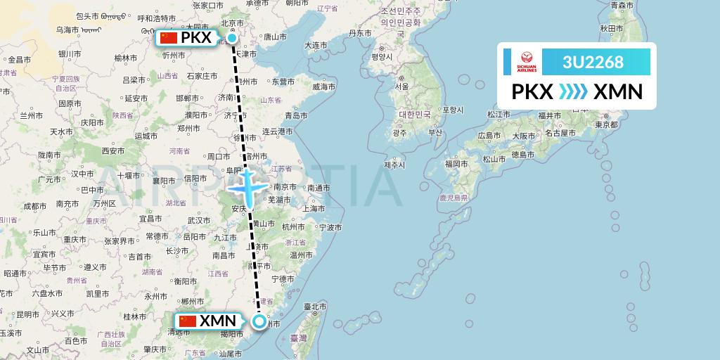 3U2268 Sichuan Airlines Flight Map: Beijing to Xiamen