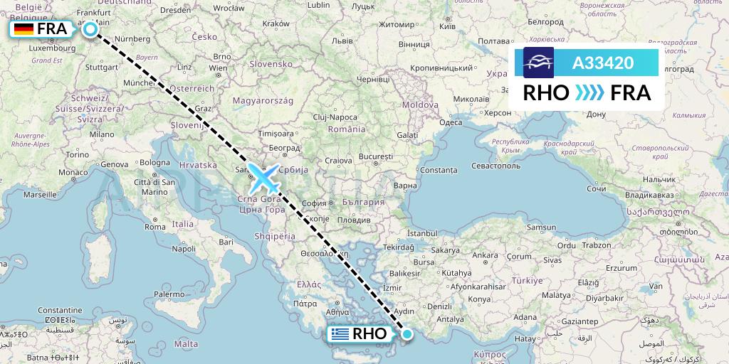 A33420 Aegean Airlines Flight Map: Rhodes to Frankfurt
