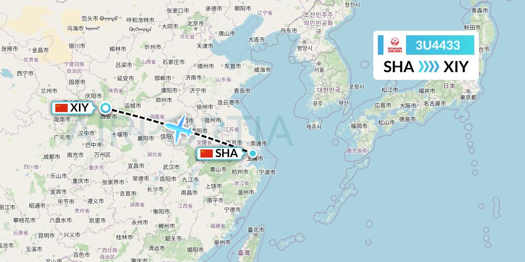 3U4433 Sichuan Airlines Flight Map: Shanghai to Xi'an