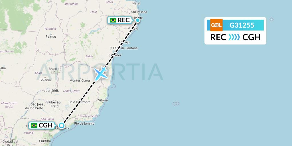 G31255 GOL Transportes Aeros Flight Map: Recife to Sao Paulo