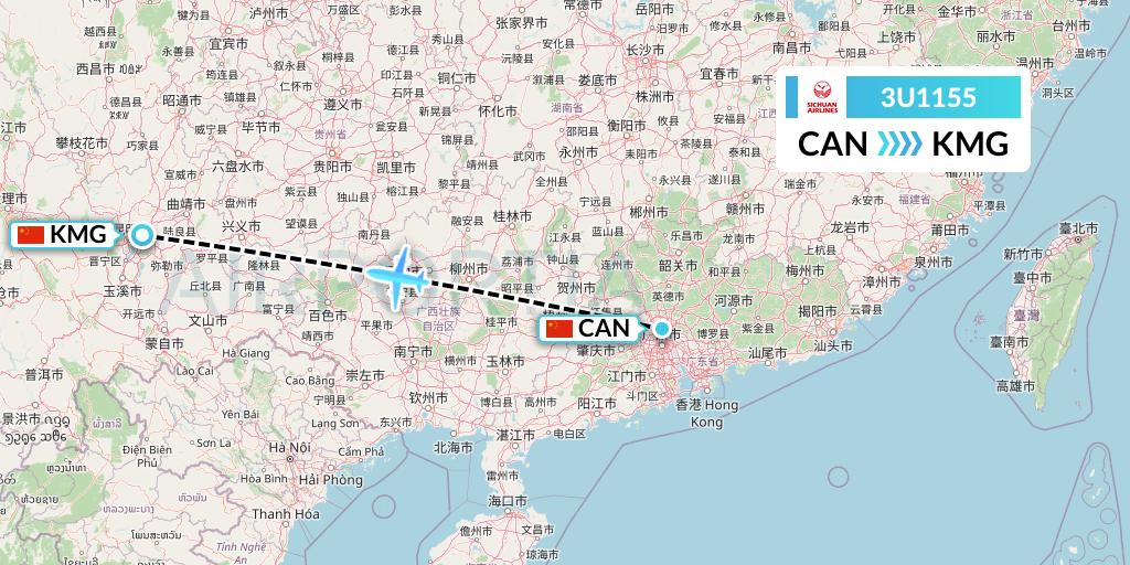 3U1155 Sichuan Airlines Flight Map: Guangzhou to Kunming