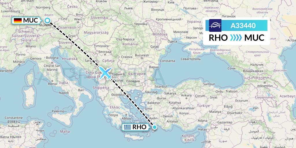 A33440 Aegean Airlines Flight Map: Rhodes to Munich