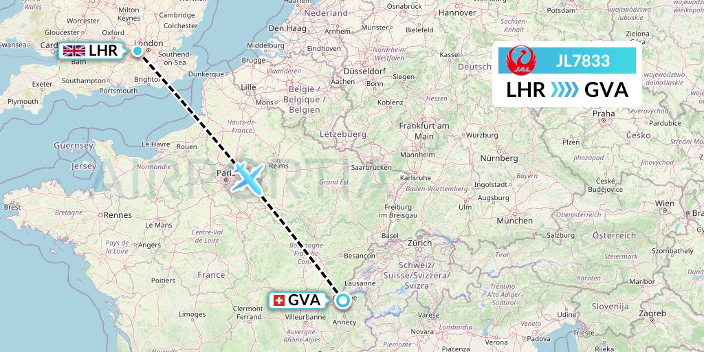 JL7833 Japan Airlines Flight Map: London to Geneva