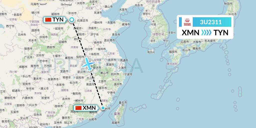 3U2311 Sichuan Airlines Flight Map: Xiamen to Taiyuan