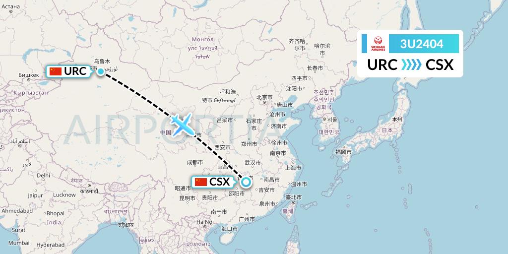 3U2404 Sichuan Airlines Flight Map: Urumqi to Changsha