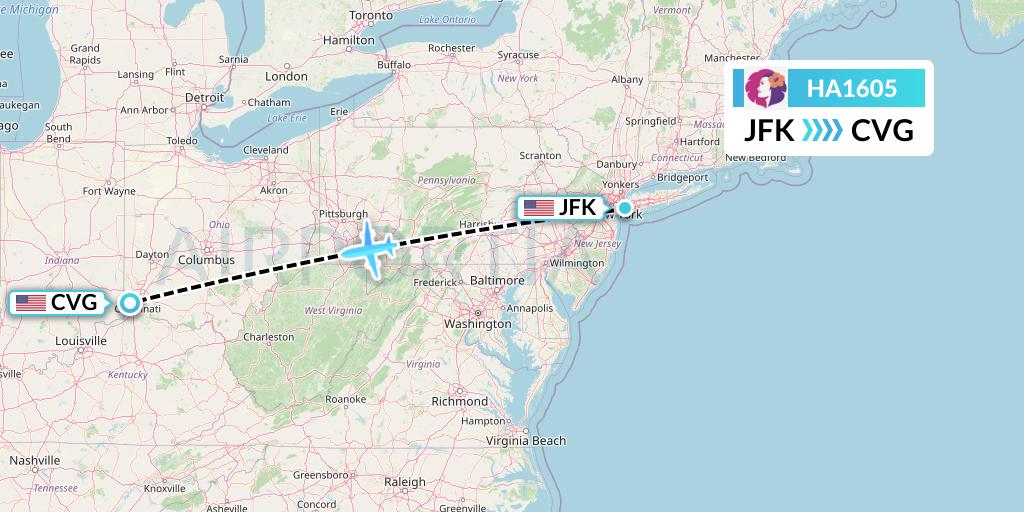 HA1605 Hawaiian Airlines Flight Map: New York to Cincinnati