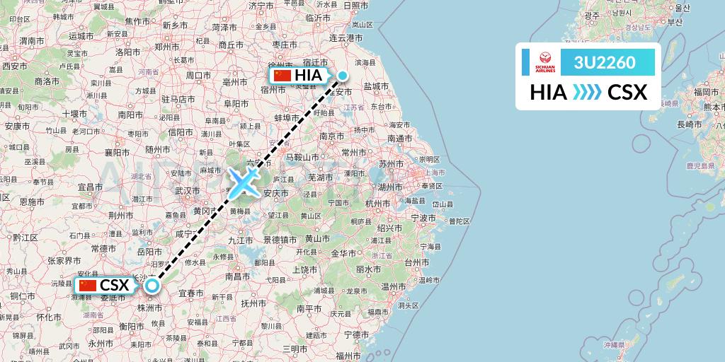 3U2260 Sichuan Airlines Flight Map: Huai'an to Changsha